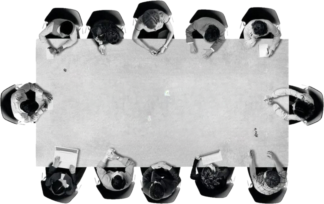 Seen from above: twelve colleagues seated around a long meeting table.